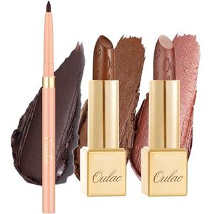Oulac Braun Lippenstift en liplinerset, matte metallic afwerking, sterk gepigmenteerde en hydraterende formule, glad en korrelvrij, veganistisch, 3 stuks