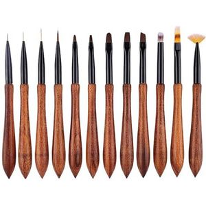JIAWEILI 12 stuks nail brush painting platte ronde borstel met houten handvat acryl extended gel polishing nail enhancement tool, bruin, 11,8 cm