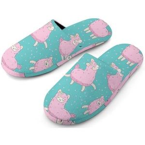 Roze Lama Alpaca Volledige Print Heren Slippers Warme Anti-Slip Rubber Zool Huis Schoenen Voor Indoor Hotel
