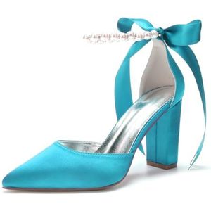 HFWXYSA Dames Gesloten Puntige Neus Bruids Pompen Blok Chunky Hak Parel Enkelbandje Bruiloft Kantoor Business Dress Schoenen,Blue green,36 EU