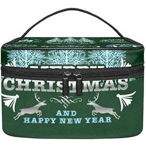Kerstemblemen Badges Etiketten met Groene Achtergrond Make-up Organizer Tas, Reizen Make-up Tas Organizer Case Draagbare Cosmetische Tas voor Vrouwen en Meisjes Toiletartikelen, Meerkleurig, 22.5x15x13.8cm/8.9x5.9x5.4in
