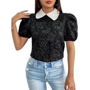 dames topjes Blouse met contrasterende kraag en pofmouwen - Zwart-witte casual top met kleurvlakken (Color : Black and White, Size : M)