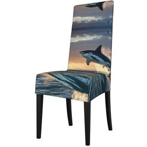 FRESQA Blauwe elastische eetkamerstoelhoes met haaienprint en verwijderbare bescherming, geschikt voor de meeste stoelen zonder armleuningen