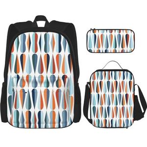 UVBDF 3 Stks Mid Century Modern Retro met Drop ShapesRugzak Schooltas Set voor Reizen Studie Rugzak en Lunch Box en Potlood Tas, Zwart, Eén maat, Schooltas Set