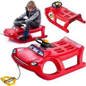 KADAX Kunststof slee met stuur en claxon, 91 x 45 x 37 cm, kinderslee, stabiele en veilige bobslee, rodel van plastic, Zigi-Zet glijslee (rood)