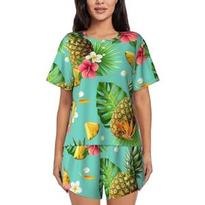 RIVETECH Tropische ananasprint dames pyjama met korte mouwen korte sets, pyjama's pyjama's, lounge shorts set, Zwart, L