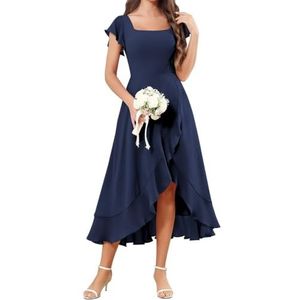 Korte Mouw Bruidsmeisje Jurken voor Bruiloft Hoge Lage Chiffon Formele Avond Party Maxi Gown Thee Lengte AH157, Donkerblauw, 32