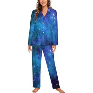 Space Galaxy pyjamasets voor dames, tweedelige pyjamaset met knopen, nachtkleding met lange mouwen, top en broek, loungewear