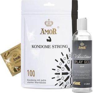 Set AMOR Premium Condoom en Glijmiddel - Ideale partners voor goede seks, 100 Strong Condooms, 0,08 mm, Ø 53 mm + Vibratissimo Play Gel anaal 250 ml