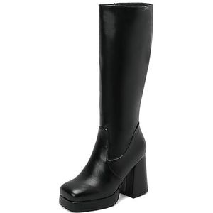 Dames Kniehoge Laarzen Met Vierkante Neus Platform Lange Schachtlaarzen PU-leer Hoge Laarzen Met Blokhak Elegante Feestschoenen Winter Warme Pluche Gevoerde Snowboots (Color : Black, Size : 41 EU)