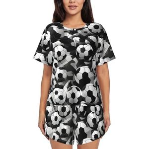 Yyoretp Zwart-wit voetbalbal patroon print dames pyjama set korte mouwen shirt en shorts nachtkleding ronde hals pyjama met zakken, Zwart, M