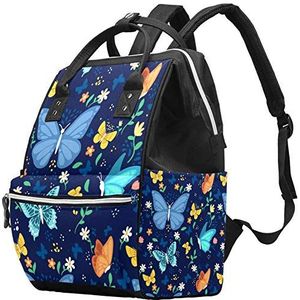 Multifunctionele grote baby luiertas rugzak,Blauwe vlinders bloemenpatroon,Luiertas Travel Back Pack voor mama en papa
