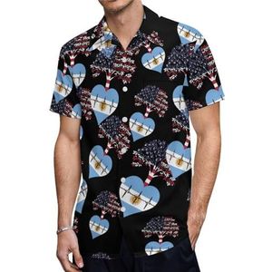 Argentinië US Root Heartbeat Heren Korte Mouw Shirts Casual Button-down Tops T-shirts Hawaiiaanse Strand Tees 2XL