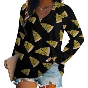 Groene Alien Head on A Pizza vrouwen Casual Lange Mouw T-shirts V-hals Gedrukt Grafische Blouses Tee Tops 4XL