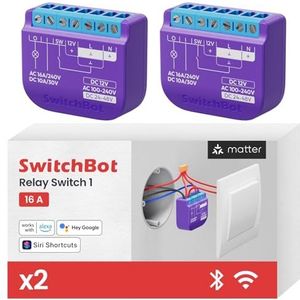 SwitchBot Smart Relais Schakelaar 1, Wi-Fi & Bluetooth Schakelaar werkt met Alexa/Apple HomeKit/Google Home/Matter, 2,4 GHz, Home Automation,16A 2 stuks