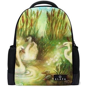 My Daily Zwanen Kraan Vogels Riet Rugzak 14 Inch Laptop Daypack Boekentas voor Reizen College School, Meerkleurig, One Size, Laptop