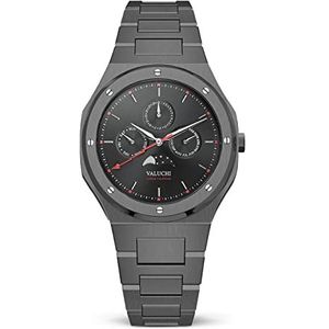 Valuchi Luxe Fashion Heren Lunar Calendar Waterdichte Roestvrijstaal Moonphase Saffierglas Japanse Quartz Analoog Casual horloge met Datum (Gunmetal Zwart)