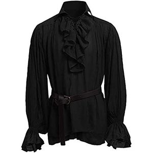 Heren renaissance kostuum dichters shirt middeleeuwse tops blouse heren ruches piraat shirts vampier renaissance steampunk gotische shirt middeleeuwse cosplay kostuum heren middeleeuwse retro kostuum kant up top, B-Zwart, S