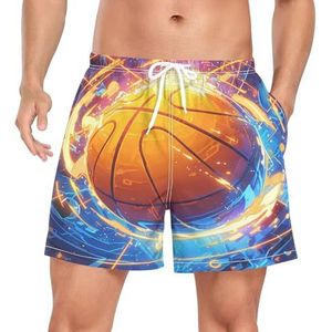 Wzzzsun Fire Flame Space Basketbal Bal Heren Zwembroek Board Shorts Sneldrogende Trunk met Zakken, Leuke mode, XXL