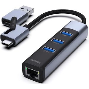 Benfei - USB 3.0/USB C Ethernet Adapter - Spacegrey - 3x USB 3.0 Poorten