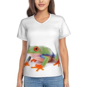 Leuke 3D-T-shirts met kikkerprint voor dames, V-hals, casual tops met korte mouwen, losse pasvorm, ademende zomershirts, Wit, S