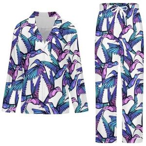 Kleurrijke Kolibries Lange Mouw Pyjama Sets Voor Vrouwen Klassieke Nachtkleding Nachtkleding Zachte Pjs Lounge Sets
