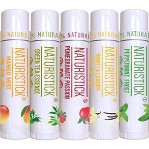 5-Pack Lip Balm Gift Set by Naturistick. Assorted Flavors. 100% Natural Ingredients. Best Beeswax Chapsticks for Men, Women and Children