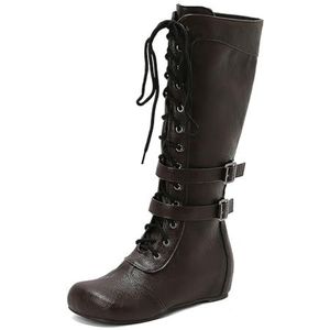 Retro Britse stijl dames vooraan veterschoenen patchwork ridder lange laarzen,Metalen,34 EU