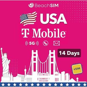 BeachSIM USA eSIM. Onbeperkt data, lokale gesprekken en sms'jes op T-Mobile Netwerk. Snelle activering. Gemakkelijk opladen. Werkt op eSIM-compatibele apparaten. Geldig voor 14 dagen.
