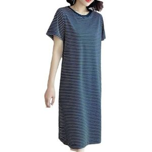 Dvbfufv Dames zomer O-hals korte mouw afdrukken pullover jurk vrouwen mode losse rechte gestreepte jurken, Blauw, XL