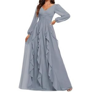 Prinses Bruidsmeisje Jurken Lange Mouw Prom Jurken V-hals Chiffon Formele Avond Party Maxi Jurk ZM208, Dusty Blauw, 32