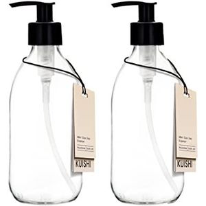 Kuishi Clear Glass Soap Dispenser met Pomp [250 ml Pack van 2], Clear Soap Dispenser met Zwarte Plastic Pump (BPA Free), Glass Shampoo Flessen Ideaal voor Handwas, Conditioner, Shower Gel