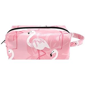 Tropische Flamingo Patroon Roze Lederen Cosmetische Pouch Tas met Handvat, Waterdichte Vierkante Toilettas Reistas, Kleine Potlood Case voor Dames Heren Meisjes Kids