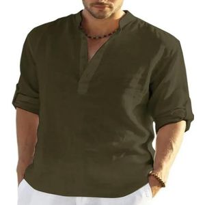 LQHYDMS T-shirts mannen mannen losse T-shirt casual katoen linnen halve mouw V-hals blouse tops mode zomer effen strand T-shirts, legergroen, L