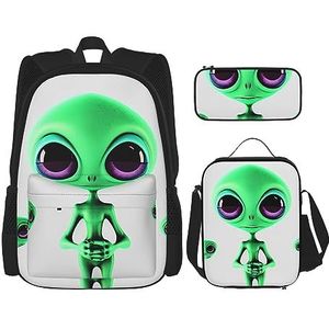 BONDIJ Haunted Mansion Rugzakken voor school met lunchbox etui, waterbestendige boekentas voor jongens meisjes leraar geschenken, Groene Alien, Eén maat, Rugzakken