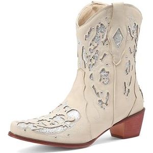 FGRID Vrouwen Mid Calf Cowgirl Booties, Mode Geborduurde Vierkante Neus Western Enkellaarsjes, Bontvoering Winter Chunky Hak Cowboy Snip Toe Boot,Beige,34