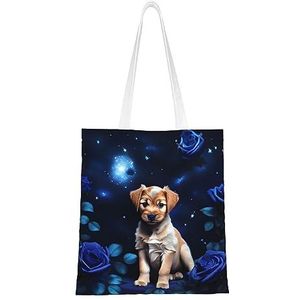 Starry Dandelion canvas draagtas voor dames, herbruikbare schoudertas, een mooi milieuvriendelijk cadeau voor meisjes, leraren, moeders., Puppy Blauwe Roos, Eén maat
