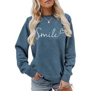MLZHAN Smile Love Heart Print Vrouwen Sweatshirt Ronde Hals Lange Mouw Truien Herfst Winter Streetwear Causale Jas Tops, Blauw 2, S