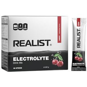 REALIST Elektrolyten zonder suiker, elektrolytenpoeder met 1000 mg natrium, 330 mg kalium en 60 mg magnesium voor elektrolytenbalans, snelle hydratatie, sport, KETO, vasten (30 sticks, kersen)