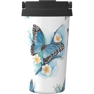 Blauwe vlinder op bloesem bloem print thermische koffiemok, reizen geïsoleerde deksel roestvrij stalen beker voor thuiskantoor buiten
