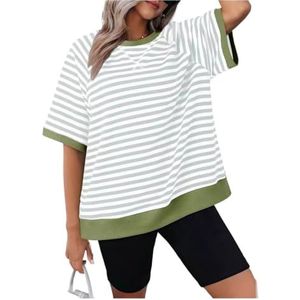 2024 Vrouwen Oversized Gestreept T-shirt Met Korte Mouwen Colorblocked Ronde Hals Basic Loose Fit Shirt Casual Zomer T-shirt top(WhiteGreen,L)