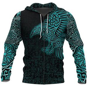 Mannen Viking Celtic Knot Crow Totem Hoodie, Norse 3D Digital Printed Plus Size Full Zip Pullover, Novelty Casual Vintage Long Sleeve Sweatshirt S-5XL