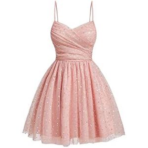 jurken voor dames Cami-jurk met contrasterende pailletten en ruches van mesh (Color : Coral Pink, Size : Small)