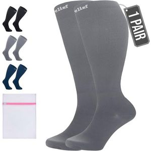 360 Relief 1 Paar Compressiesokken Dammes en Herren - Effen Kleuren Compressiekousen voor Sport, Hardlopen, Vliegen, Reizen, Joggen, Fietsen, Werk - Grijs S/M Kniehoge sokken met Mesh Waszakje