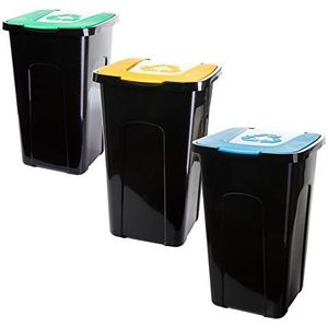 Vuilnisbak met deksel, set van 3, 50 liter, afvalbak, vuilnisemmer met kleurgecodeerde deksels voor efficiënte afvalscheiding binnen en buiten, duurzaam en weerbestendig, 56 x 36 x 36 cm, Made in EU