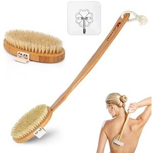 Badborstel met lange steel, afneembare lange handgreep, 2 x borstelkop, lichaamsborstel om te verwijderen, doucherugschrobber, natuurlijke haren, voor lichaamsreiniging