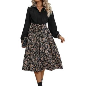 jurken voor dames Overhemdjurk met bloemenprint en riem - Boho-stijl, lange mouwen, hoge taille, niet-stretchstof (Color : Multicolore, Size : XL)