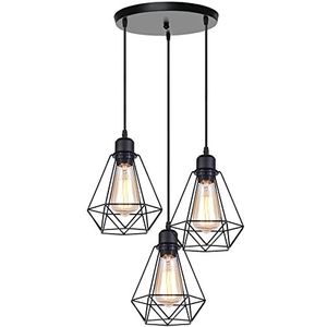 iDEGU 3 lampen, industriële lamp, metaal, kroonluchter, hanglamp, geometrische kooistijl, E27, vintage hanglamp, zwart, Ø 20 cm (ronde houder)
