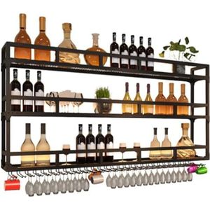 Aan de muur gemonteerde wijnkast, barwijnrek, zwarte metalen ijzeren opbergplank, aan de muur gemonteerde wijnrekken, aan de muur gemonteerde champagneglasopslagrek, organizerplanken for barkeuken(150