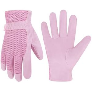 Leren tuinhandschoenen voor dames, 3D mesh comfortabele pasvorm, verbetert behendigheid en transparantie, varkensleer, krasbestendig, voor groenten of om rozen te snoeien (S, roze)
